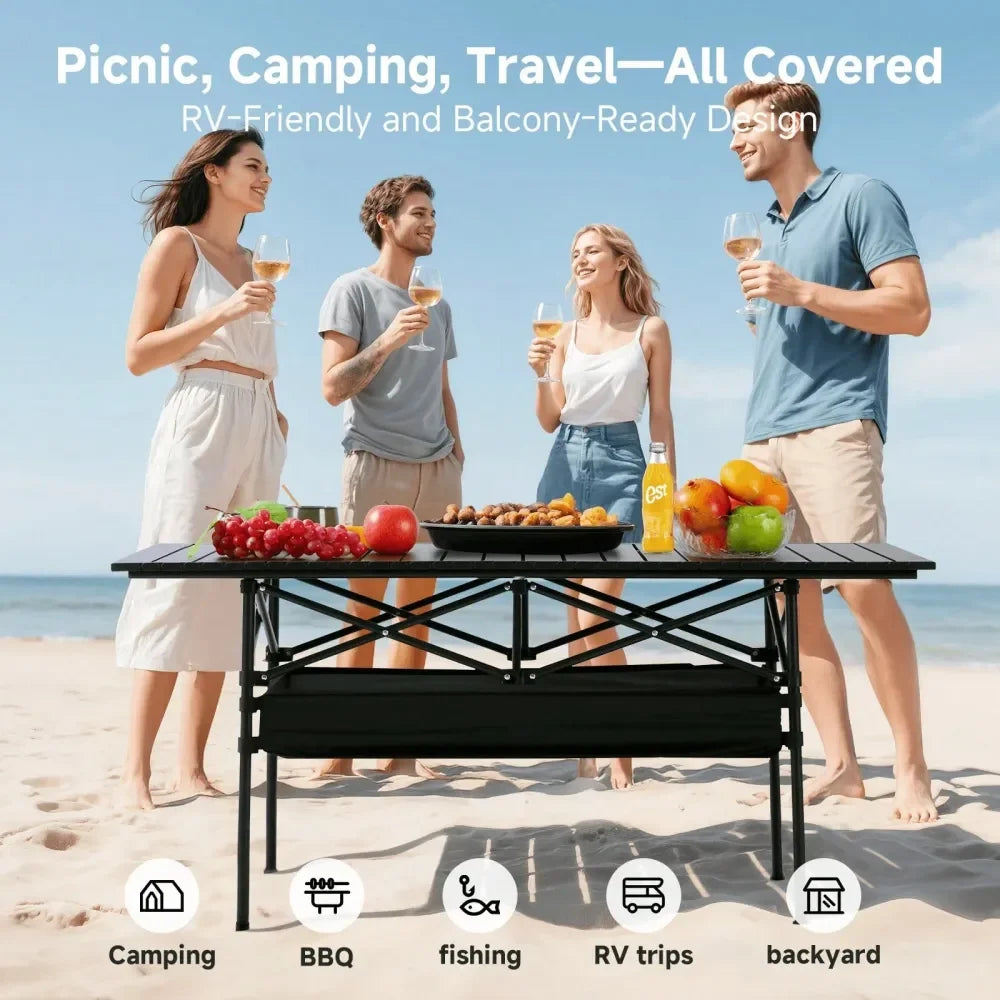 Portable Folding Camping Table, 46 Person Aluminum Outdoor Picnic Table With Storage Carry Bag, Adjustable Height Lightweight C