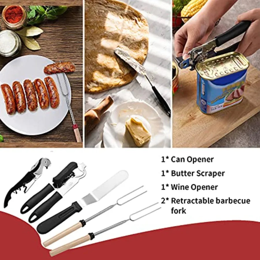 Portable Camping Kitchen Utensil Set-27 Pcs Cookware Kit, Stainl Steel Outdoor Cooking and Grilling Utensil Organizer Travel Se