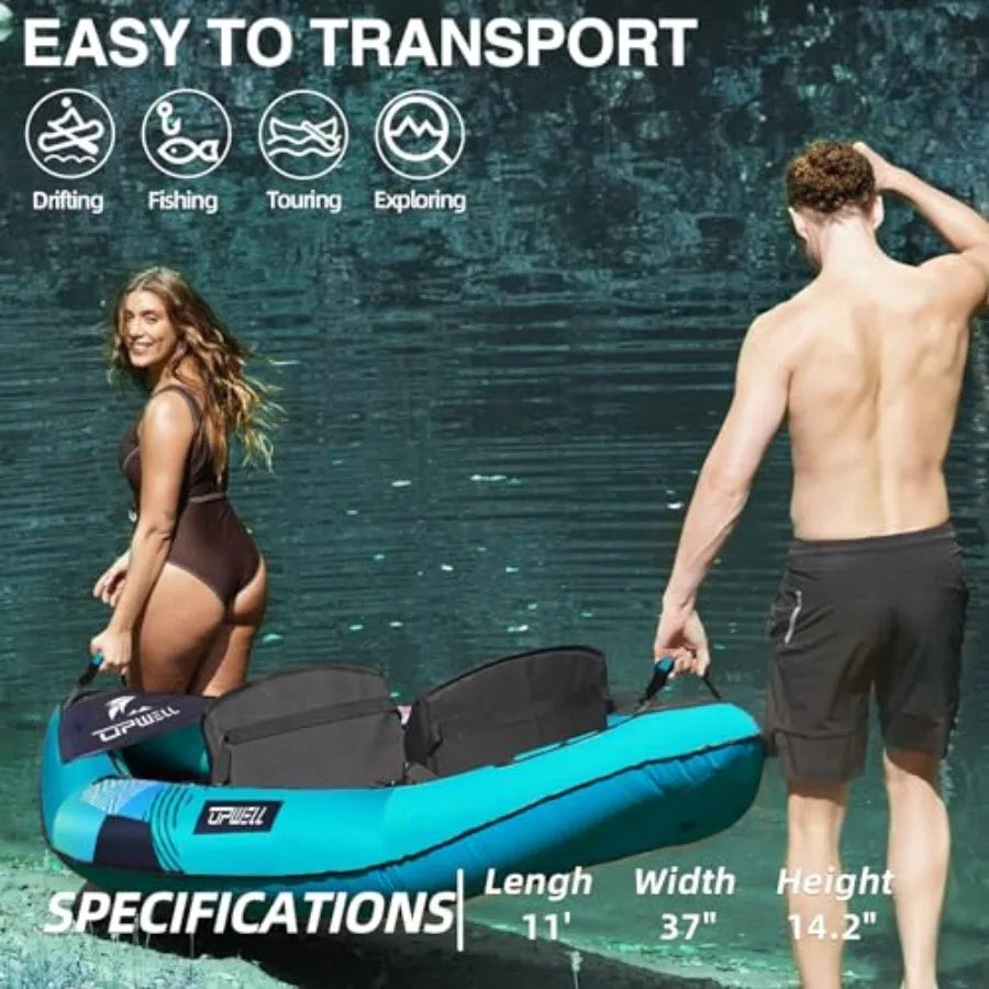 Recreational 2-person inflatable kayak for lakes and calm rivers, PVC material, blue-gray color, drop-stitch floor for rigidity