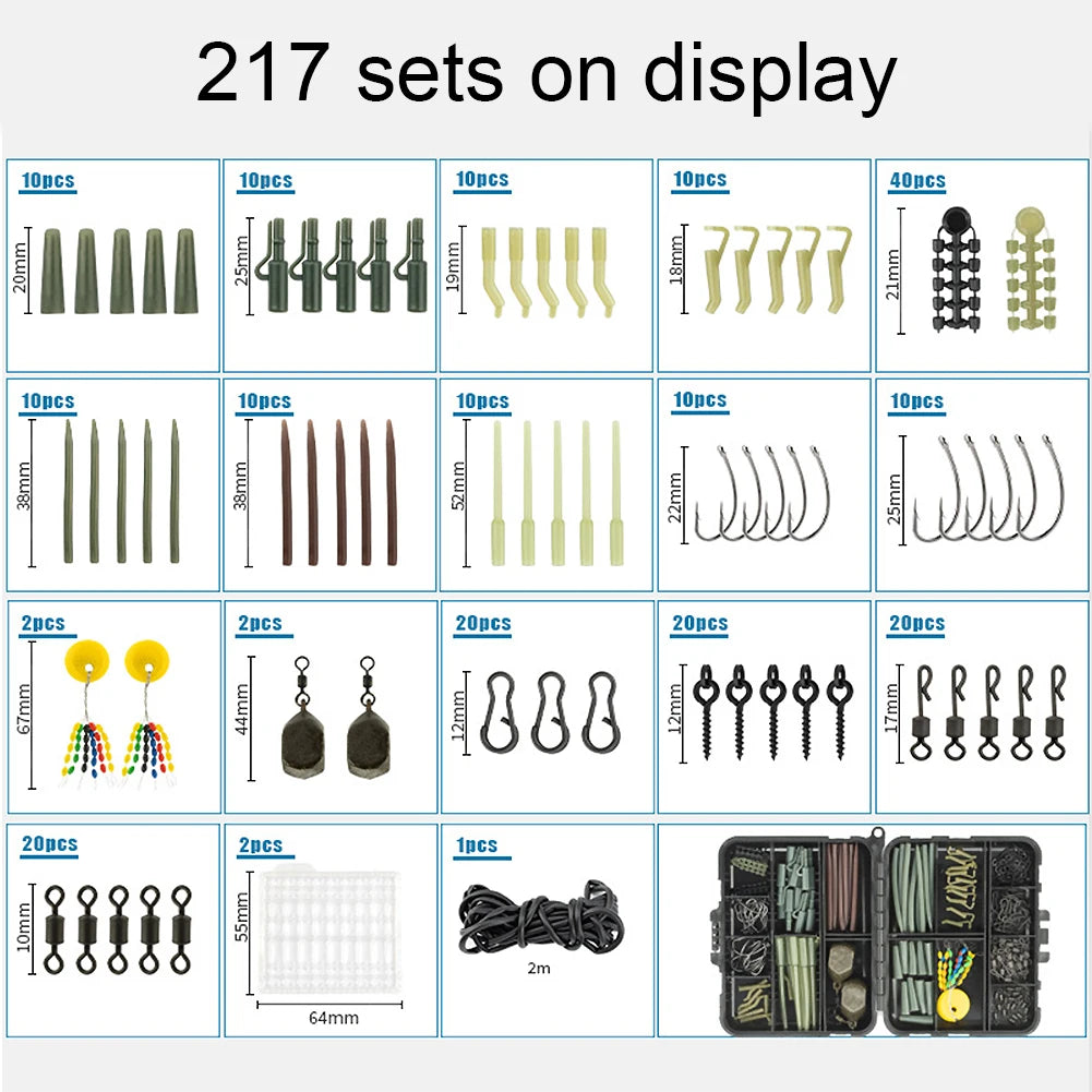 217Pcs Carp Fishing Accessories Set Clip Quick Change Swivel Tail Sleeves Kit Carp Fishing Terminal Fishing Accessories