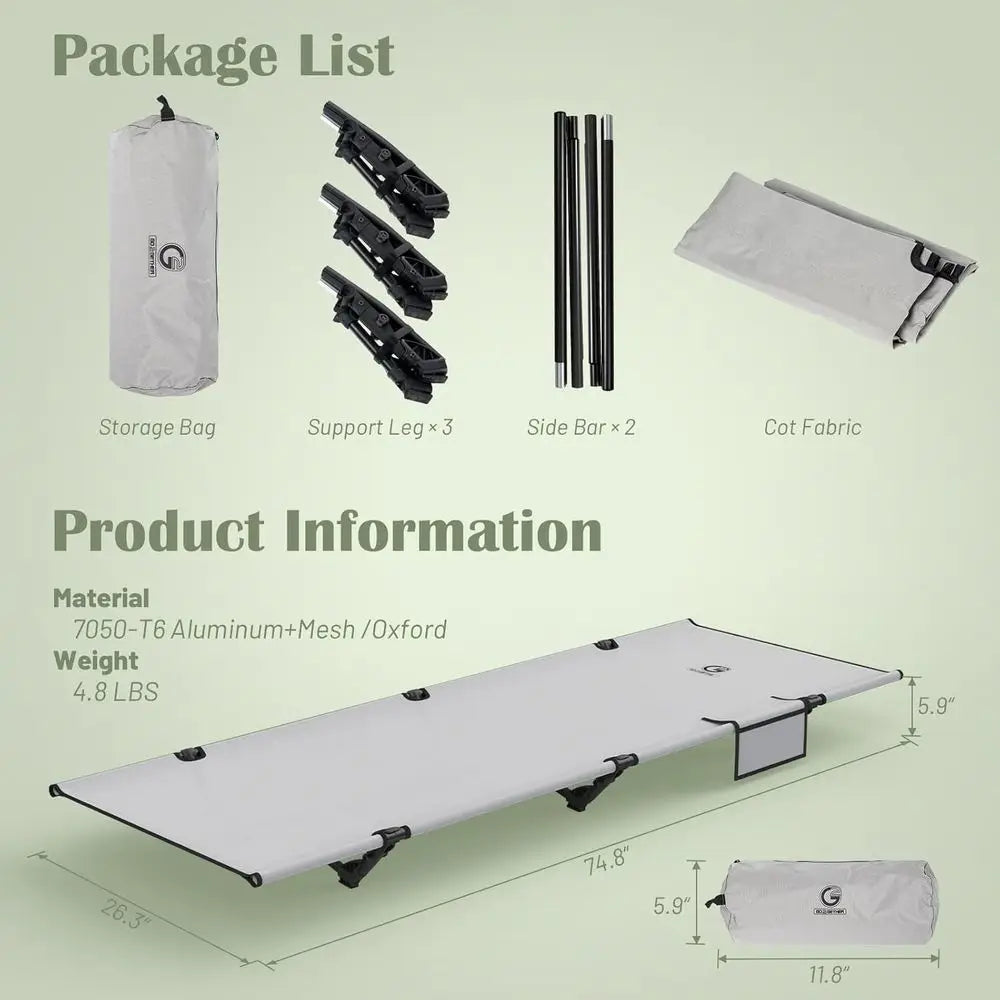 Portable Camping Cot with Storage Bag - Lightweight, Durable, Ideal for Hiking, Backpacking, and Outdoor Adventures (Grey)