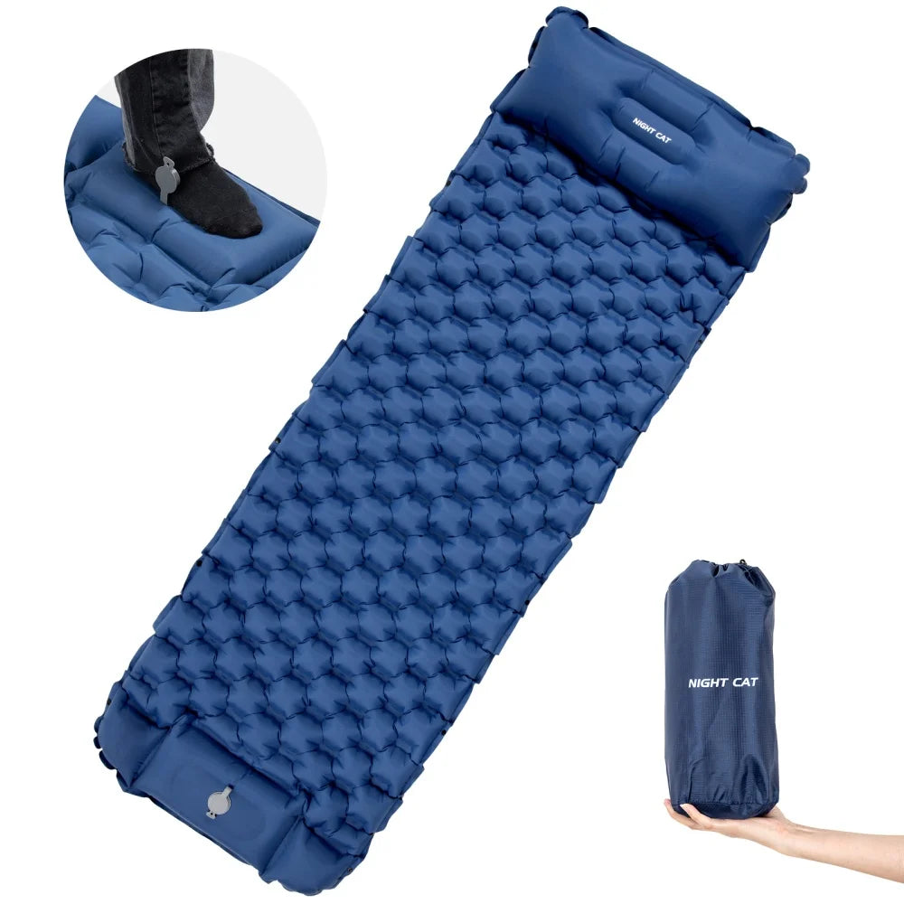 Night Cat Inflatable Sleeping Pads Mat Bed with Pillow Foot Pump for Camping Backpacking Hiking Ultra-Light Compact Comfortable Extendable 77"x25.5"