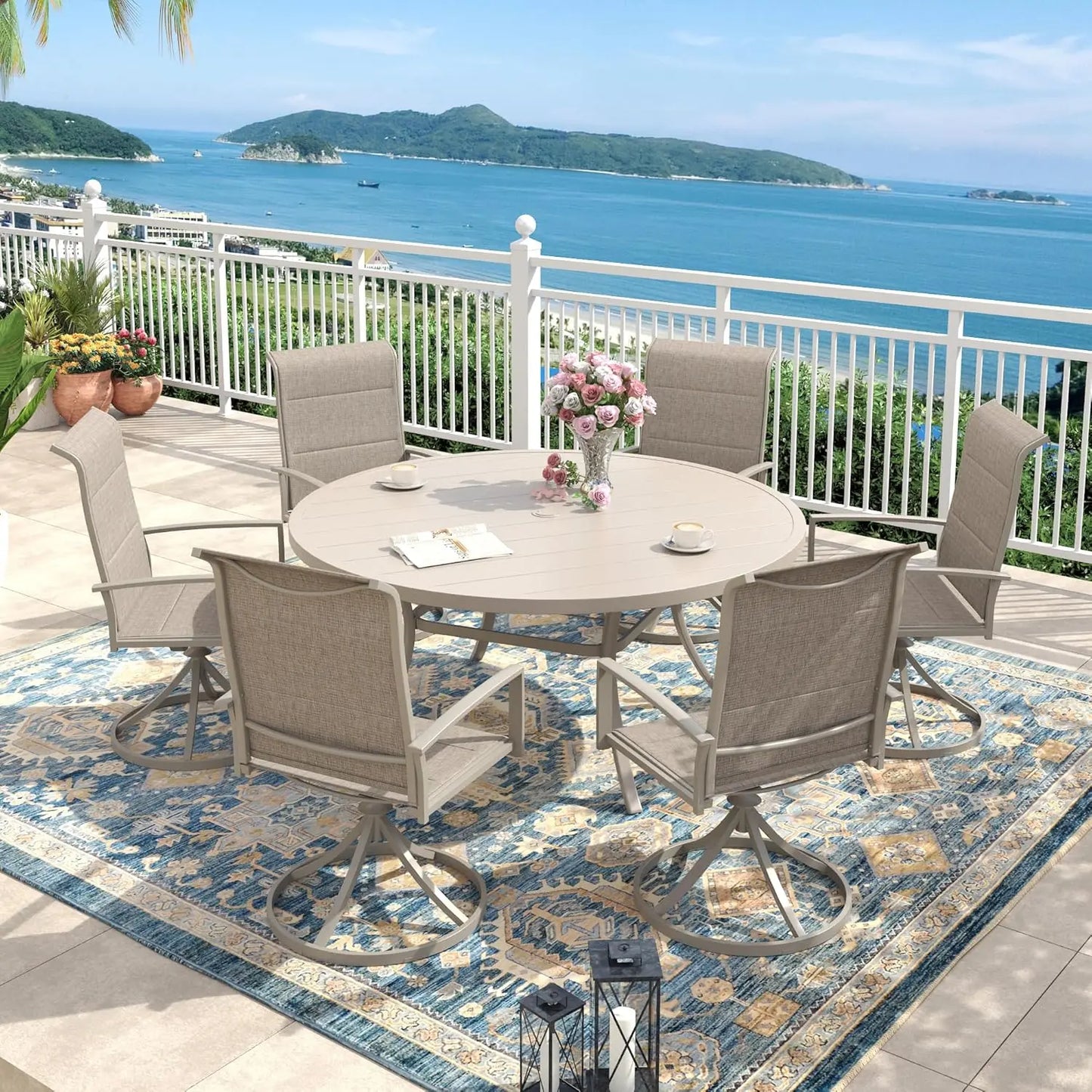 Outdoor Dining Set for 6, 50" Outdoor Dining Table with Umbrella Hole and Padded Textilene Patio Swivel Chairs, 7, Customized