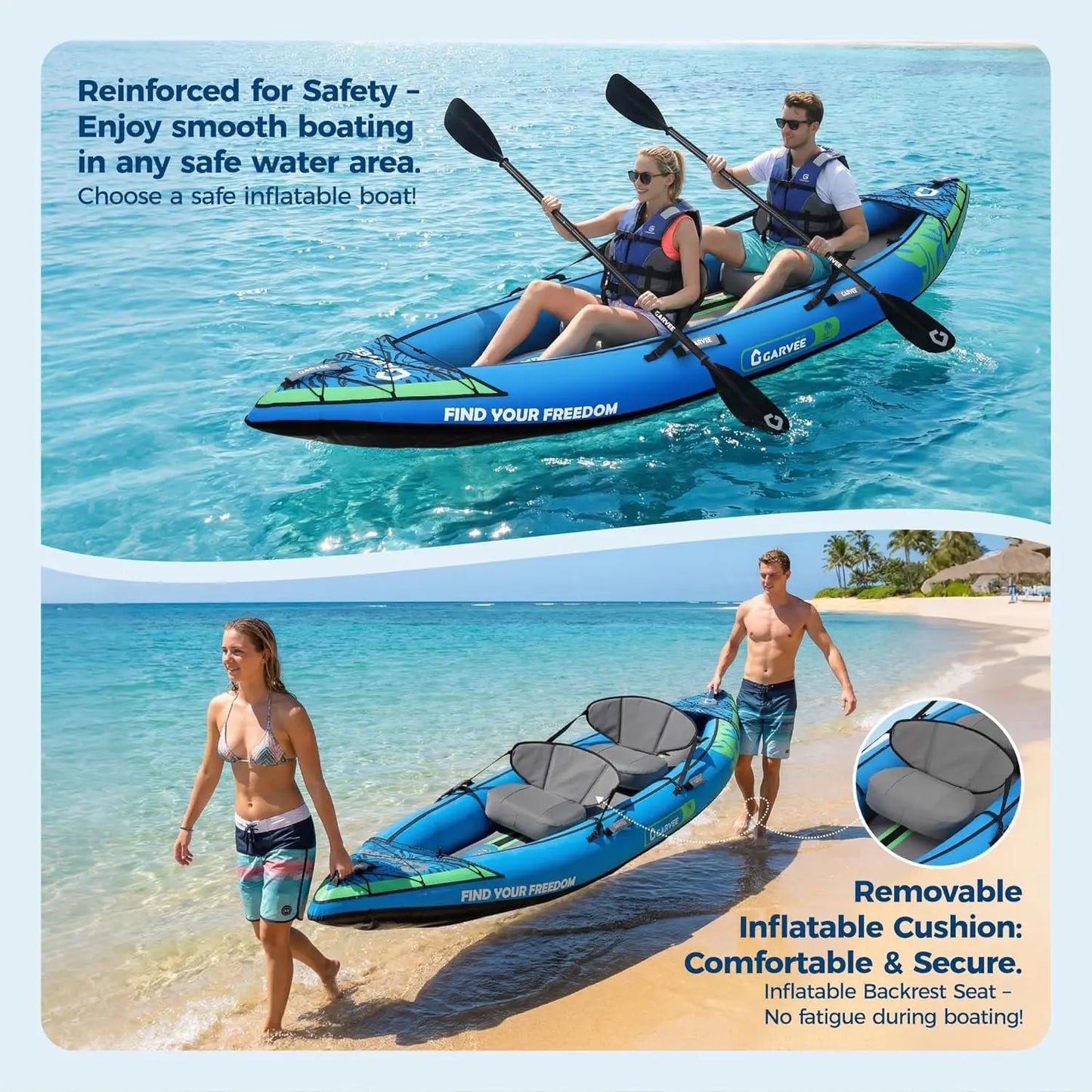 Inflatable Kayak, Heavy-Duty PVC Tandem Kayak with Adjustable Seats & Backrest, Aluminum Paddles, High-Output Pump, Portable Fishing Kayak for Lake River Ocean, Recreational Kayak for Adults and Kids