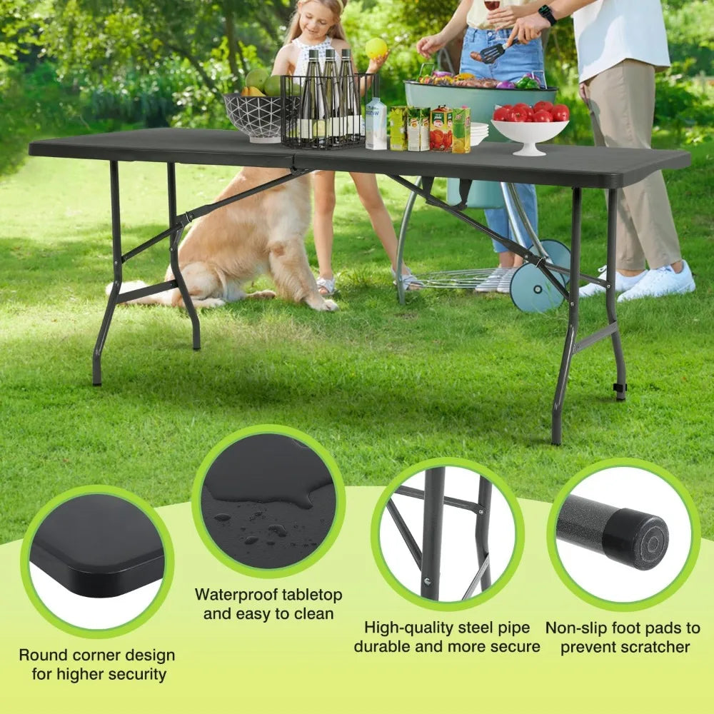 6 FT Folding Camping Table Heavy Duty Plastic Portable Square Dining Table for Picnics Parties Outdoor Black