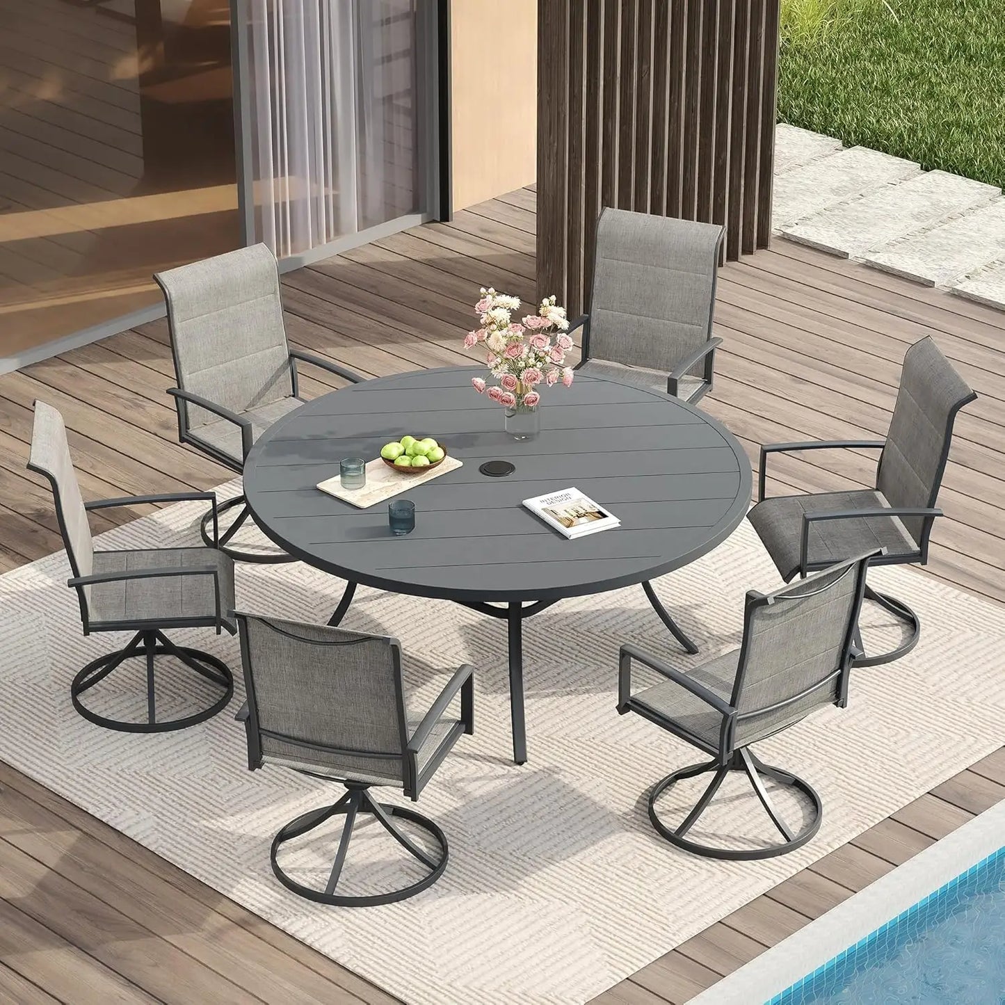 7 Pieces Patio Dining Set for 6-Outdoor Furniture Includes 53" Round Outdoor Table and Swivel Padded Chairs,, Customized