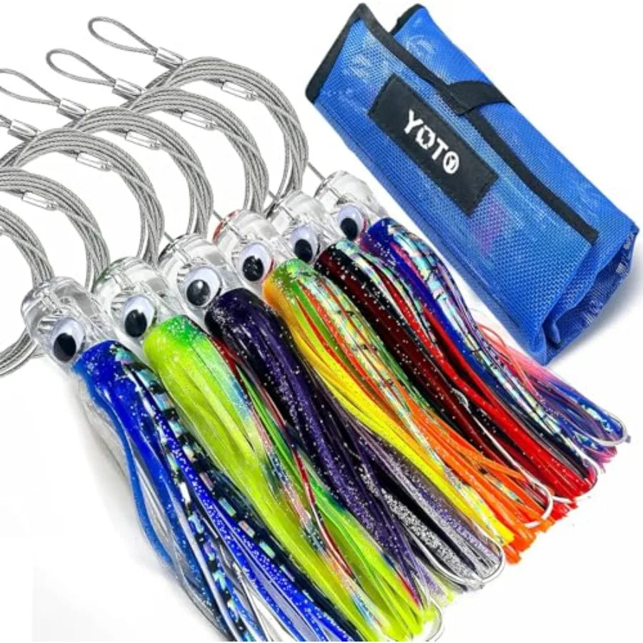 Trolling Lure Saltwater6.5/9 inch 6 pcs Squid Skirted Deep Sea Fishing Lure kit Tuna Marlin Wahoo Shark Mahi Trolling Fishing L