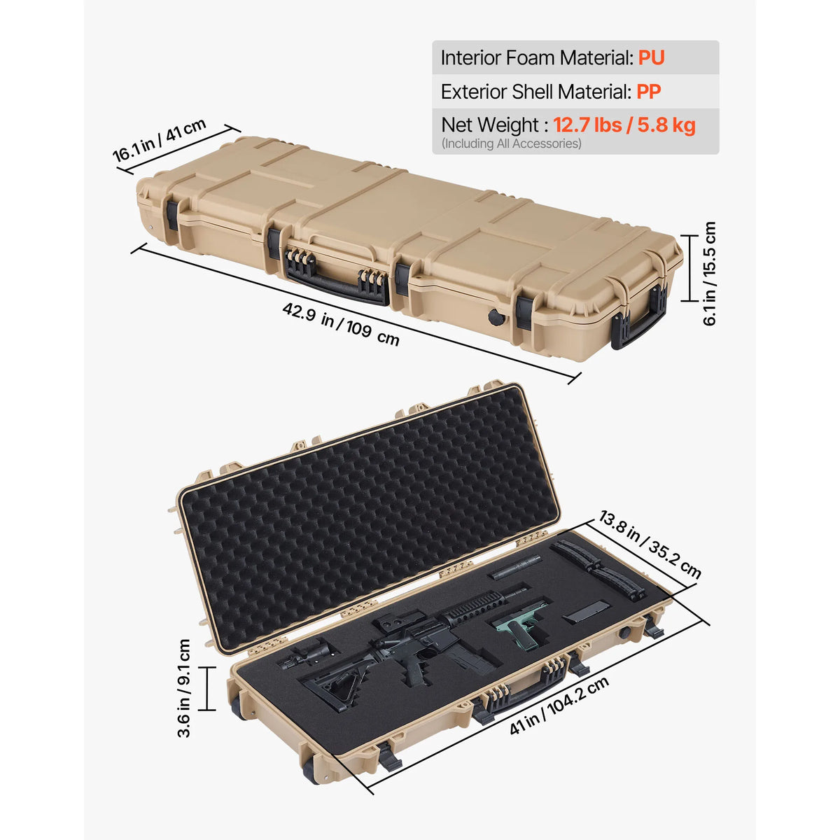 SucceBuy Hard Rifle Case Lockable Rifle Case w/ Pre-cut Foams & Wheels IP67 Waterproof Pistol Storage Cases for Rifles Shotguns