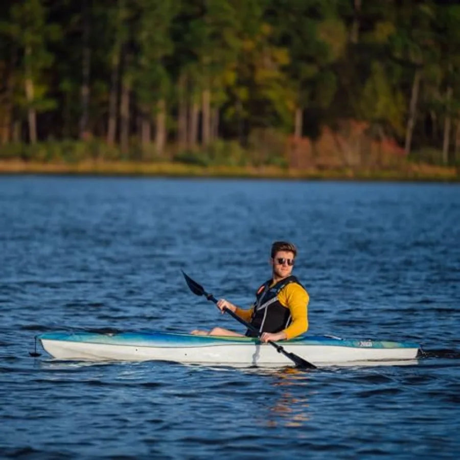 Recreational sit-in kayak for calm water use, lightweight patented Ram-X material, black color, ergonomic Ergobreeze seating sy