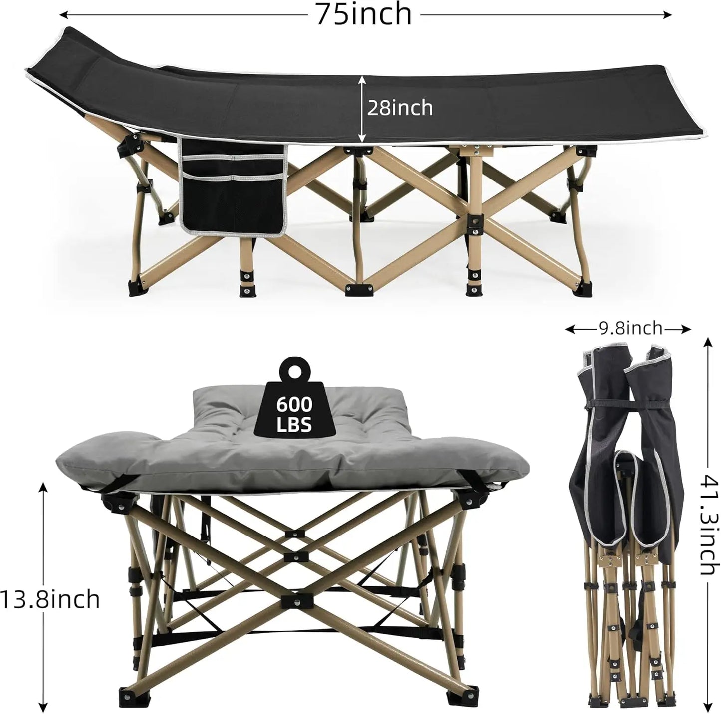 Extra Wide Camping Cot 600LBS, Folding Bed with Thick Mattress for Outdoor/Home Nap