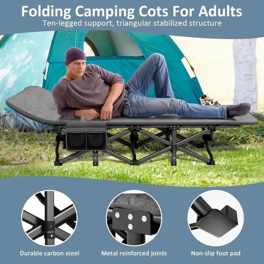 Cot, Folding Cot Bed for Adults with Builtin Mattress and Pillow, Portable Outdoor Sleeping Cot for Camping and Travel, with Car