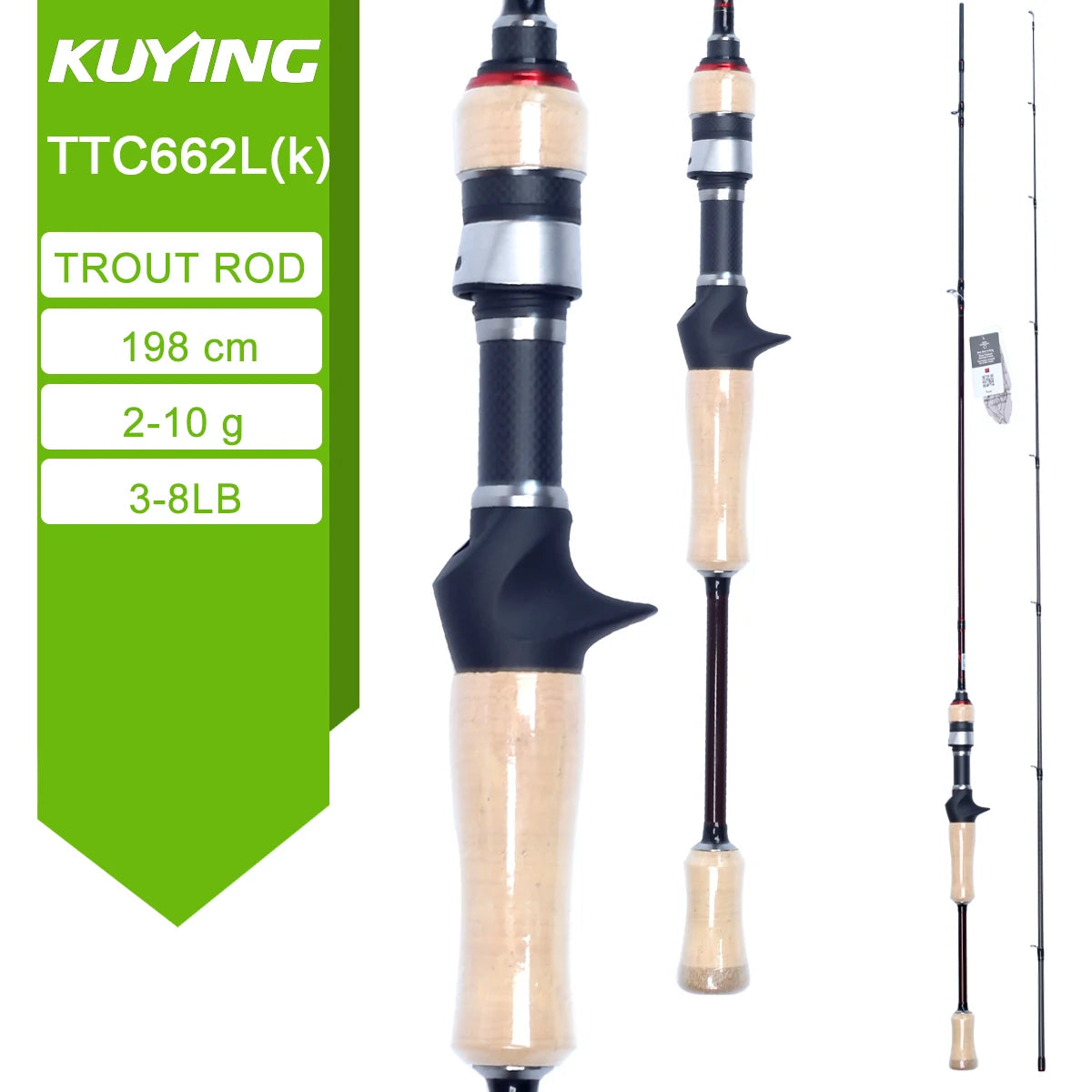 KUYING TETON L Light 1.98m 6'6" Carbon Fishing Rod Spinning Casting FUJI Reel Seat Ring 2-10g 3-8lb Medium Fast Trout