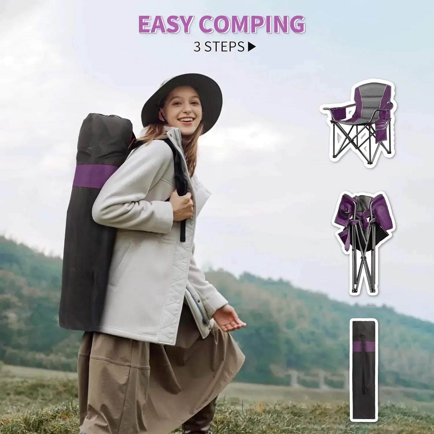2 Pack Padded Oversized Camping Chairs for Adults,Heavy Duty Support 400 Lbs,Folding Portable Lawn Chair w/Cup Holder,Cooler Bag