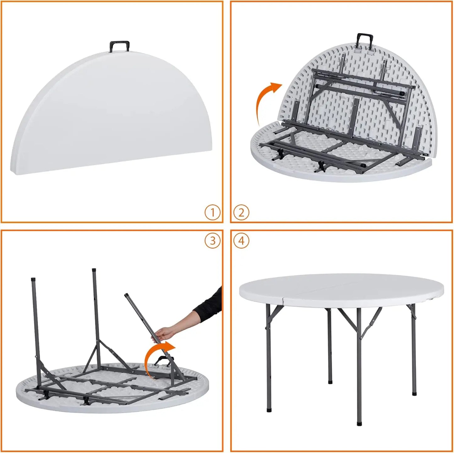 Round Folding Table 48" Portable Plastic Dining Card Table for Camping Party Indoor Outdoor White