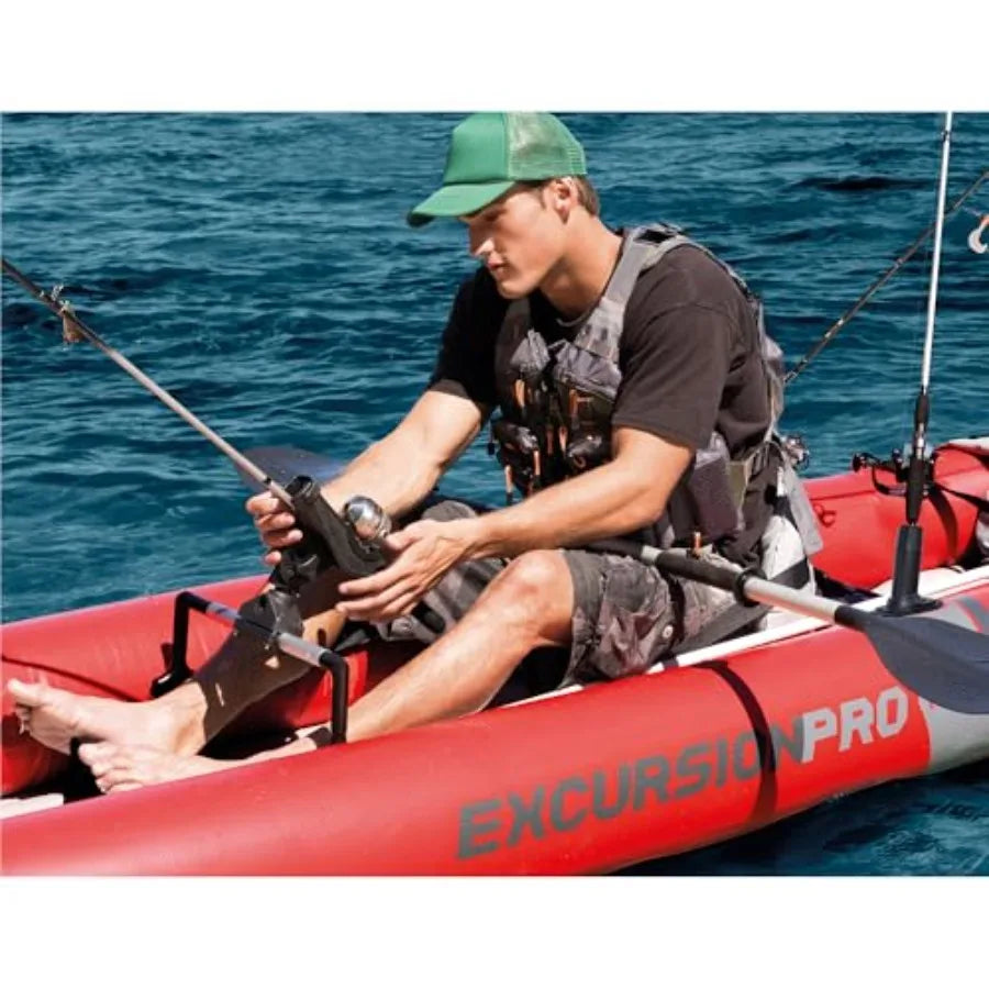 Excursion Pro inflatable kayak set for outdoor water adventures: SuperTough PVC, gray/black, 2-person capacity, 400lb weight li