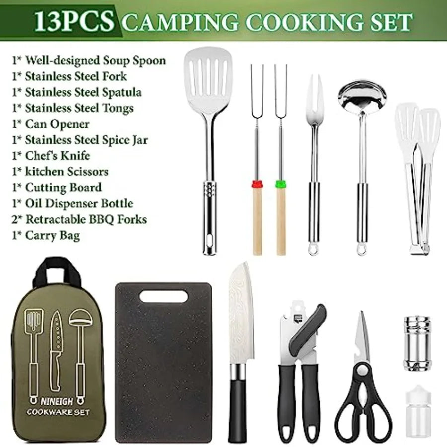 Camping Cooking Utensils Set, Stainl Steel Grill Tools, Camping BBQ Cookware Gear and Equipment for Travel Tenting RV Van Picni