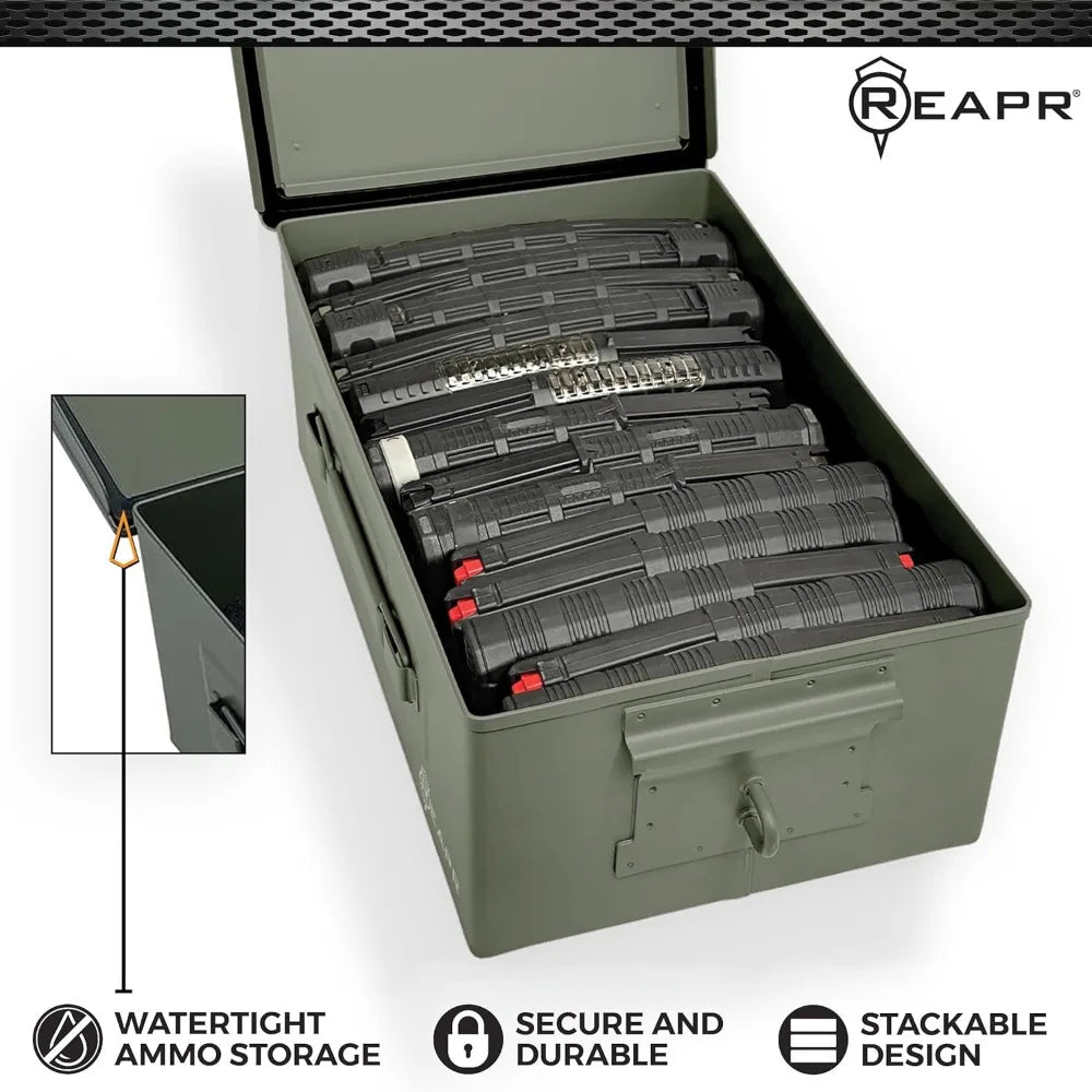 Heavy Duty Locking Metal Ammo Storage Box, Airtight Watertight 30 Cal 50 Cal Case for Rifle Shotgun Pistol, Military Footlocker Style Tool Organizer