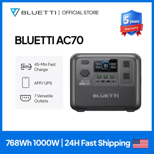 BLUETTI AC70 Portable Power Station | 1000W 768Wh Solar Generator for Outdoor Camping RV Travel Home Backup Emergency Power