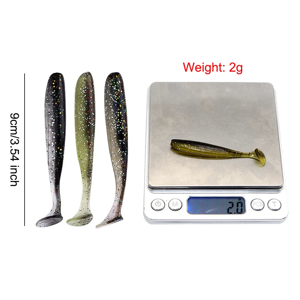 10Pcs 9cm Fishing Lures Plastic T Tail Worm Soft Bait Paddle Tail Swim Baits for Freshwater and Saltwater