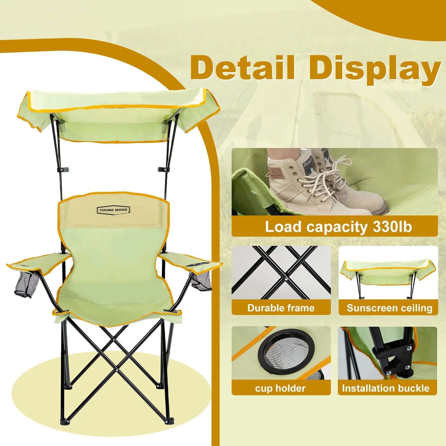 2-piece set of foldable camping chairs with sunshade, Double cup holder outdoor lawn chair, Heavy-duty portable folding chair