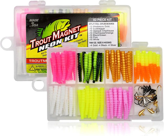 Neon Fishing Kit with 70 Grub Bodies and 12 Hooks for Trout, Compact Gear Set