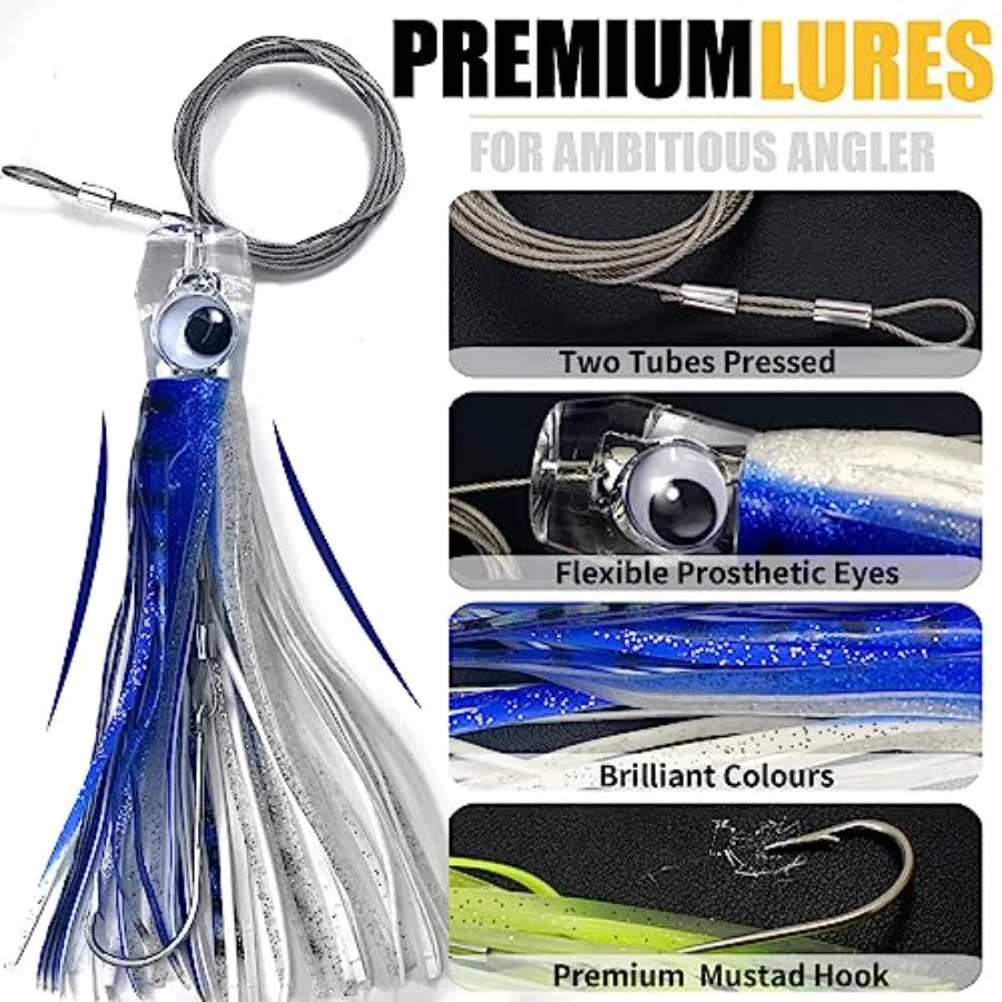 Trolling Lure Saltwater6.5/9 inch 6 pcs Squid Skirted Deep Sea Fishing Lure kit Tuna Marlin Wahoo Shark Mahi Trolling Fishing L