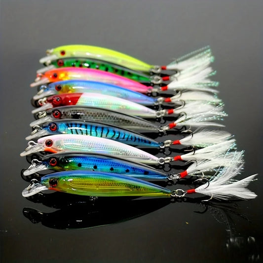 10pcs Larser Minnow Fishing Lures Set with Feathered Hooks - Vibrant 3. 5" Artificial Crankbait, Durable ABS Material