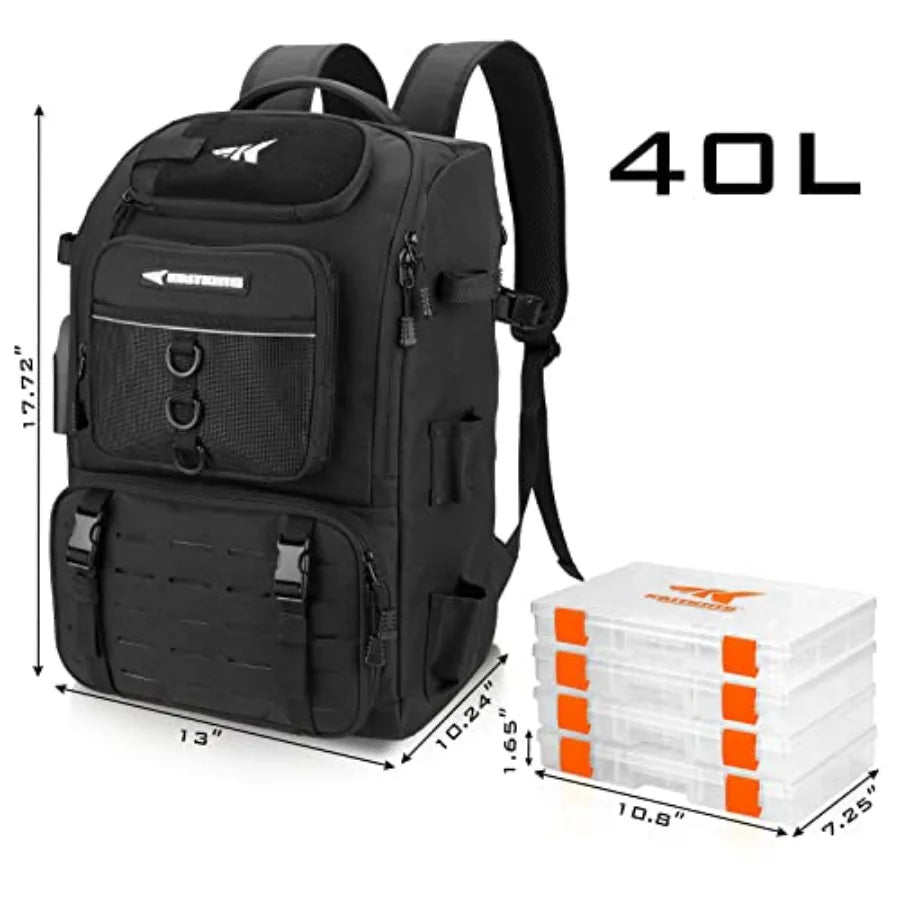 KarryAll Fishing Tackle Backpack with Rod Holder 4 Tackle Boxes, 40/26L Tackle Bag Storage Fishing Gear and Equipment
