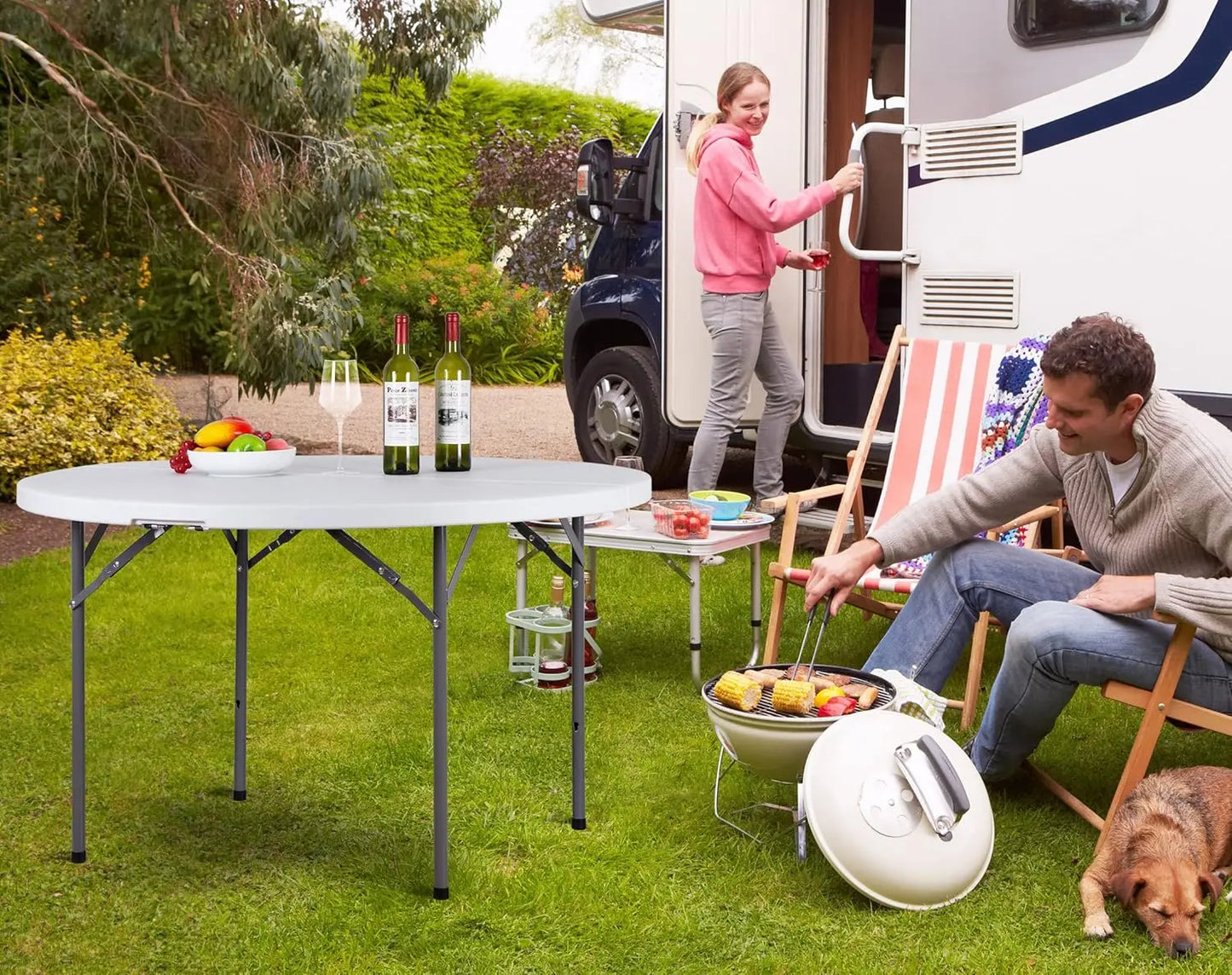 Round Folding Table 48" Portable Plastic Dining Card Table for Camping Party Indoor Outdoor White
