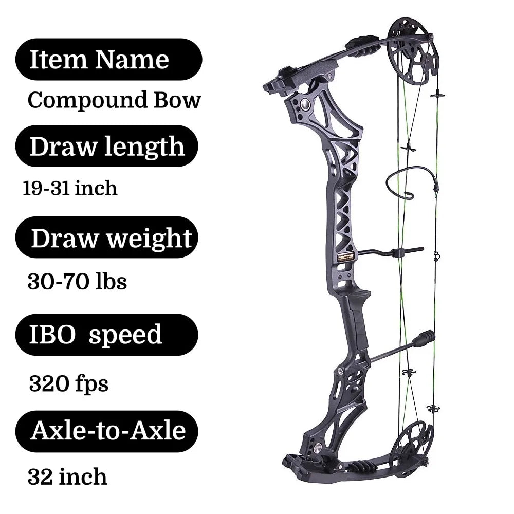 Archery Compound Bow Set 30-70lbs Let-off 80%  IBO 320 fps for RH Outdoor Hunting Shooting Training Practice Sports