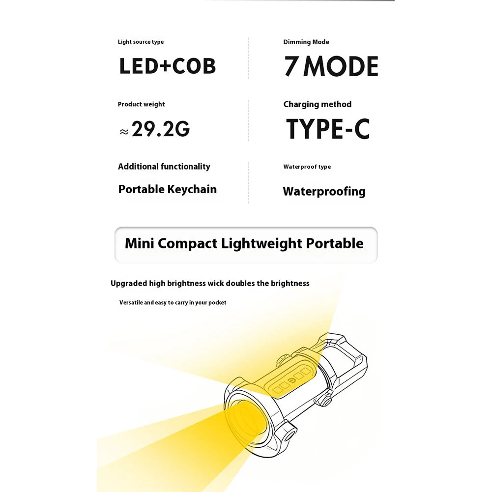 COB LED Keychain Flashlight Multifunctional Ultralight Camping Flashlight Type-C USB Rechargeable Waterproof for Camping Hiking