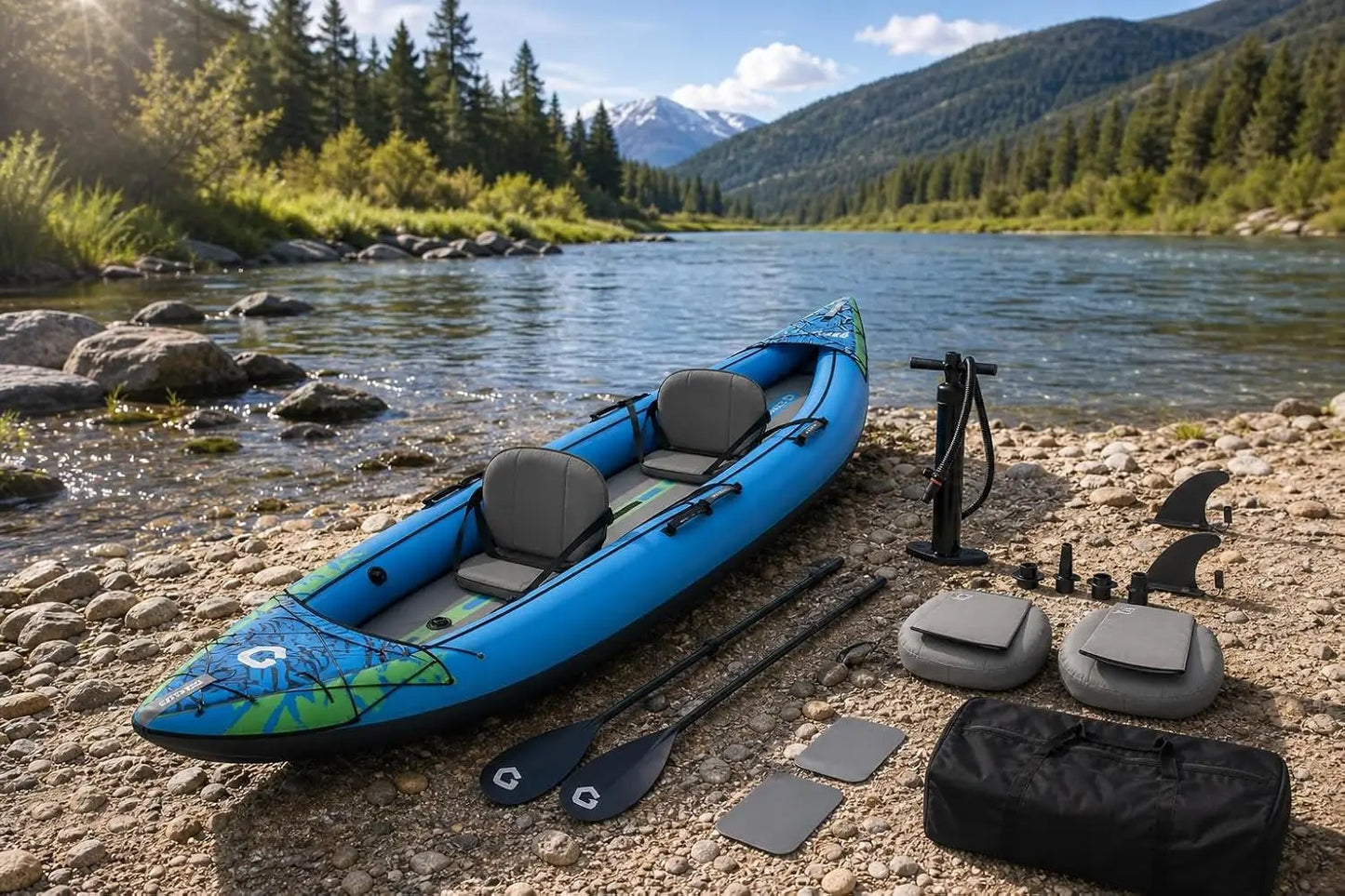 Heavy-Duty PVC Tandem Inflatable Kayak with Adjustable Seats & Backrest, Aluminum Paddles, High-Output Pump – Portable Fishing & Recreational Kayak for Adults & Kids, Ideal for Lake, River & Ocean