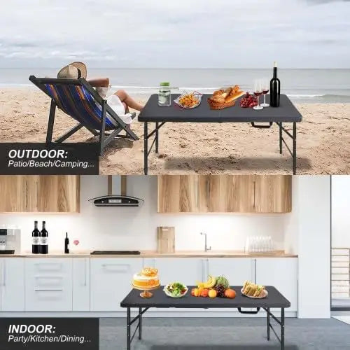 4FT Heavy Duty Folding Table, 300LBS Capacity Rectangular Trestle Table with Adjustable Height, Waterproof Portable for Outdoor