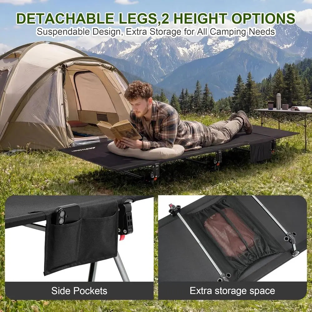 Durable 350lbs Camping Cot, Adjustable Height, Lightweight Portable Folding Bed for Outdoor, Travel, Beach, Office Nap