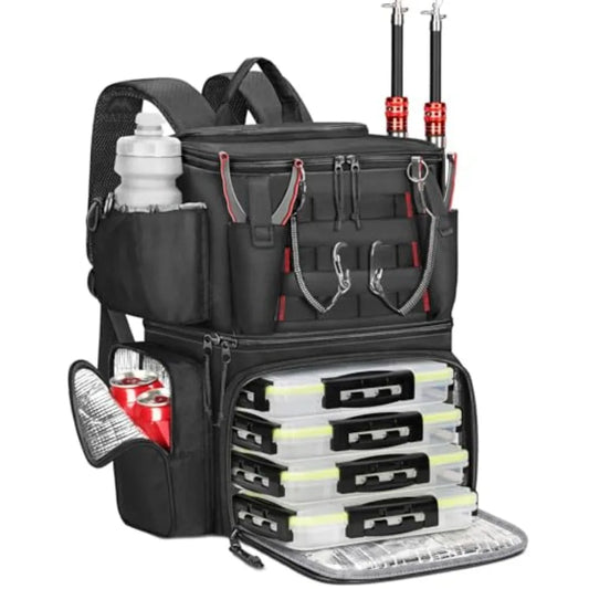 Fishing Backpack with 4 Tackle Boxes Rod Holder Safety Compass Cooler Black Gift for Fishermen