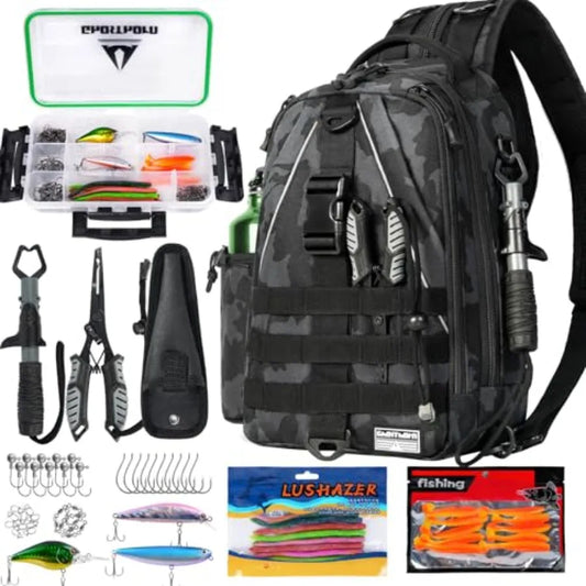 Fishing Backpack with Tackle Boxes Fish Pliers Fish Lip Gripper Lures Waterproof Tackle Bag with Rod Holder Fishing G
