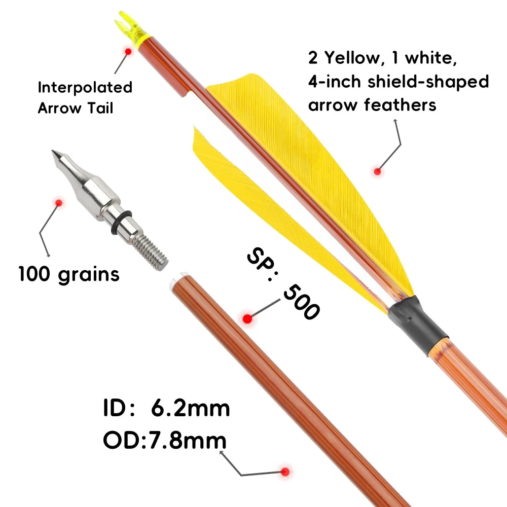 12pcs Hunting Arrows Mixed Carbon Arrows SP500 Turkey Feather ID6.2mm 100Grain Arrowhead Recurve Compound Bow Shooting