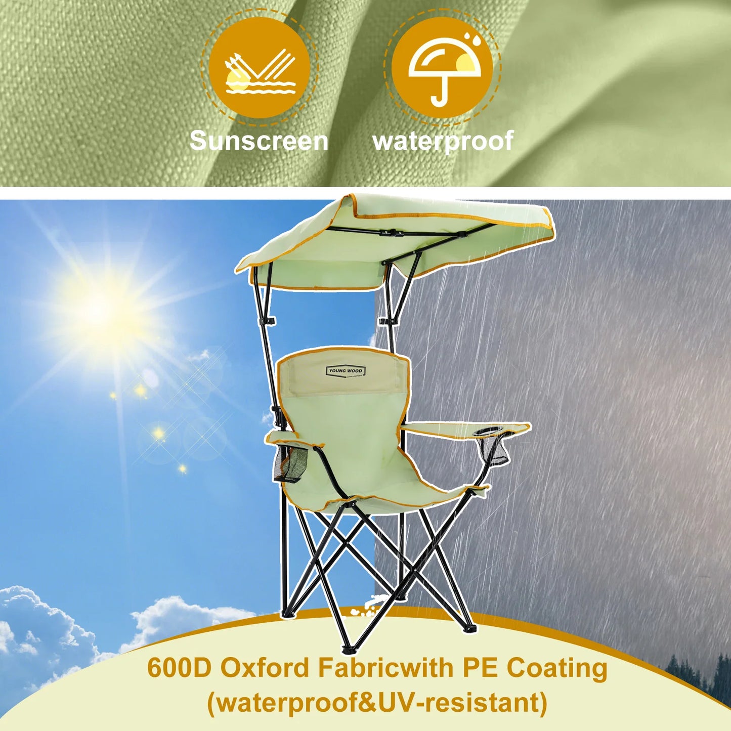 2-piece set of foldable camping chairs with sunshade, Double cup holder outdoor lawn chair, Heavy-duty portable folding chair