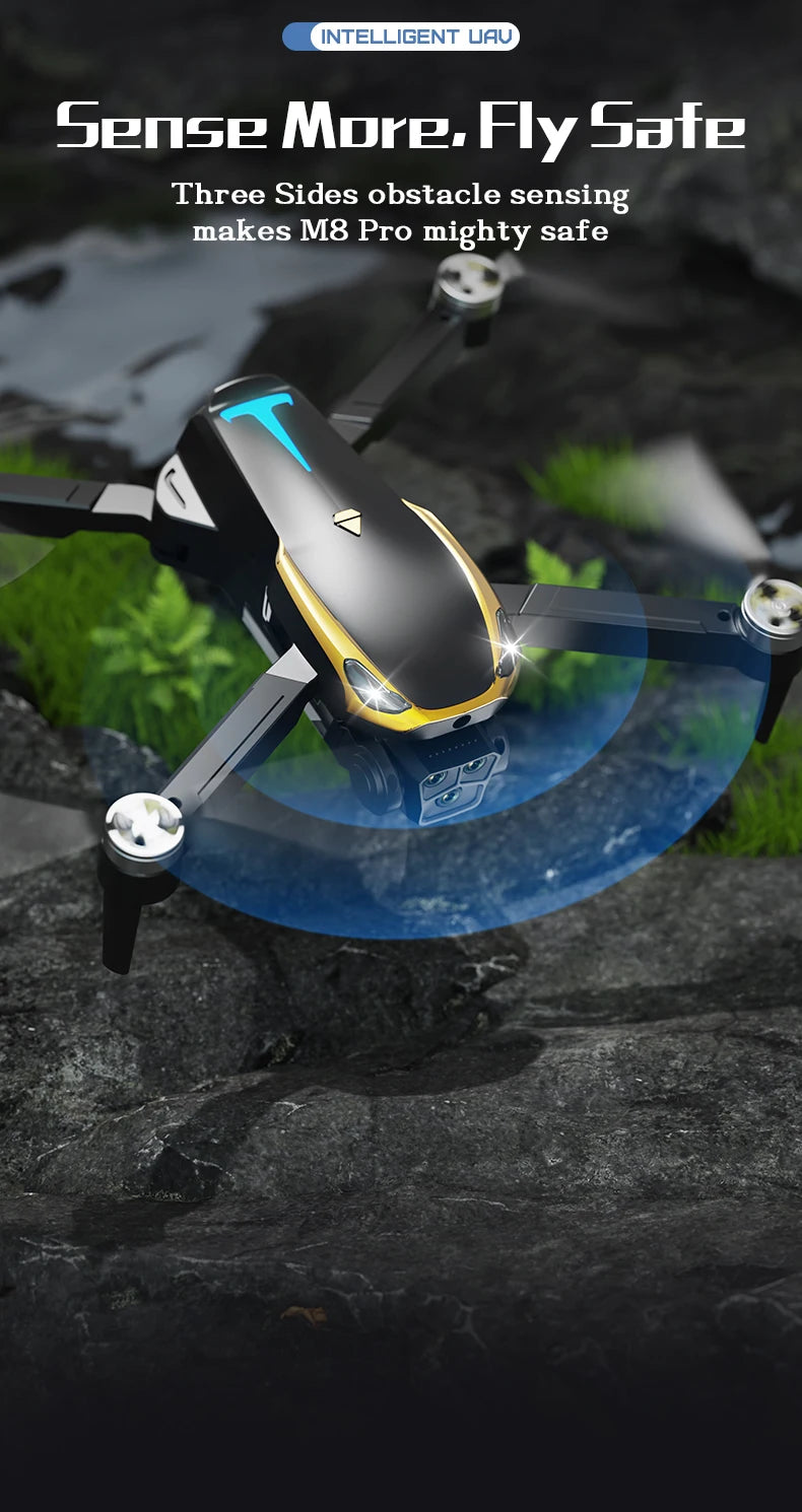M8 PRO Brushless Motor Drone with 2 Battreys, Intelligent Obstacle Avoidance, Optical Flow,  360-degree rolling, HD Camera