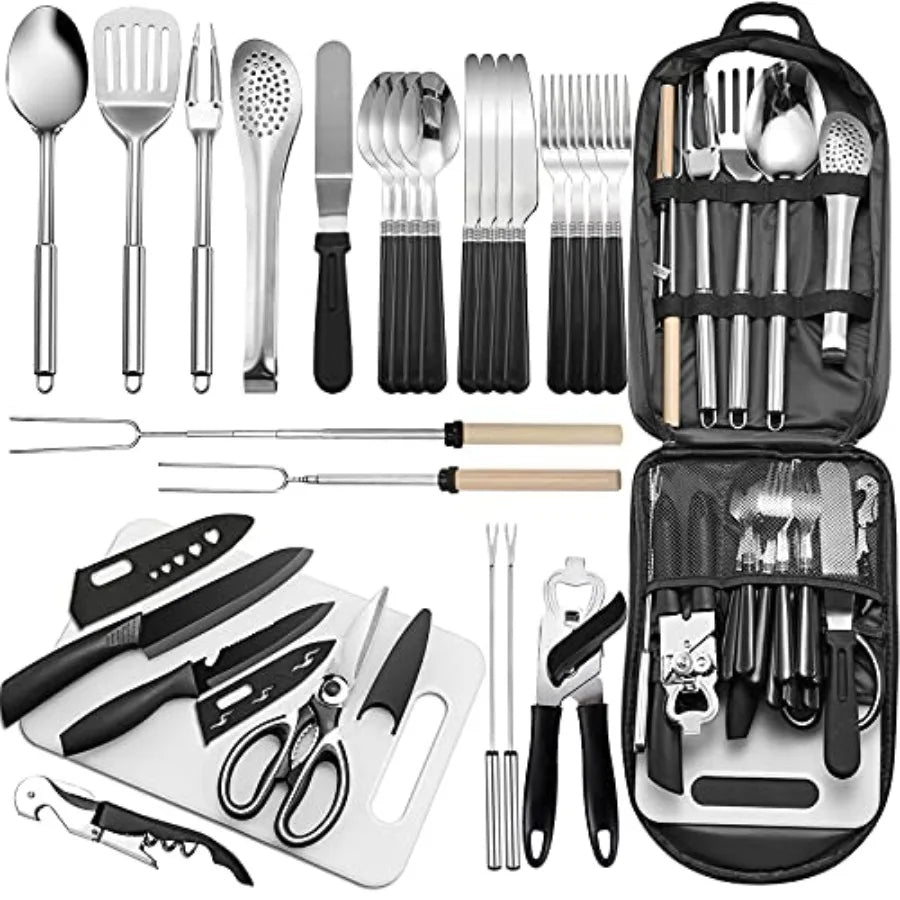 Portable Camping Kitchen Utensil Set-27 Pcs Cookware Kit, Stainl Steel Outdoor Cooking and Grilling Utensil Organizer Travel Se