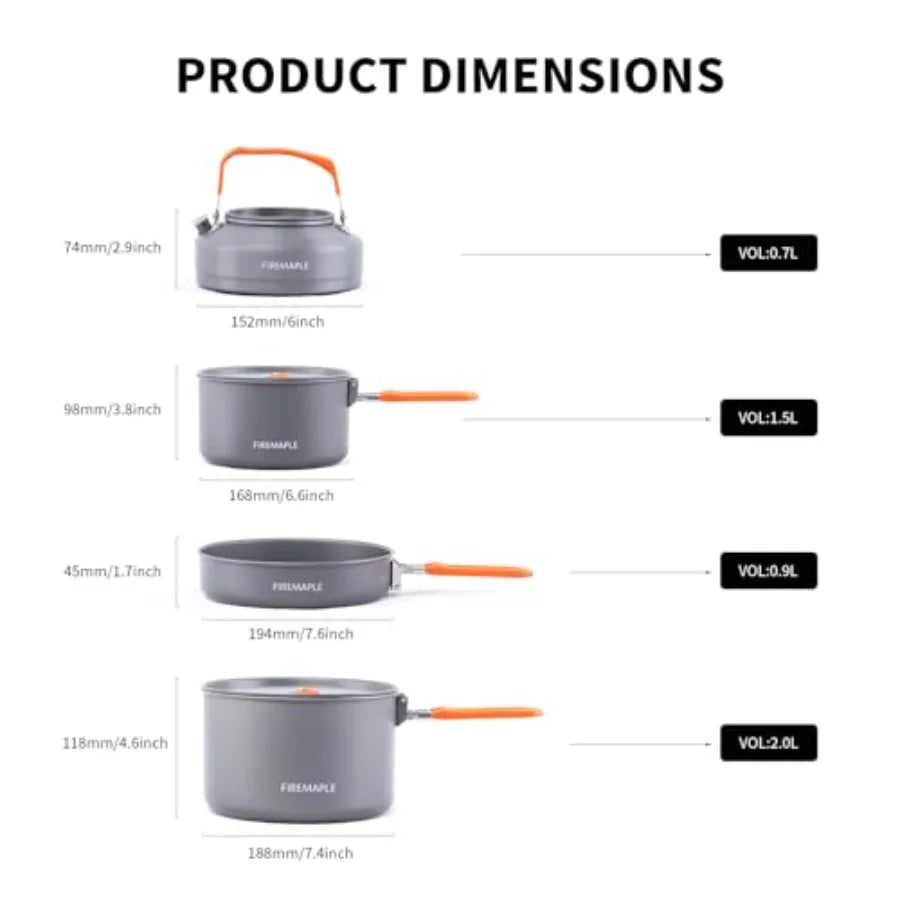 Feast Outdoor Camping Cookware Set, Portable Stackable Cooking Pot and Pan Kit with Kettle, Saucepans and Spatula for Hiking, F