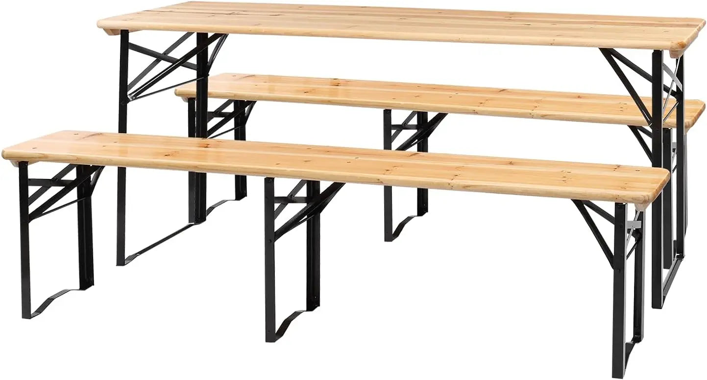 6 Foot Folding Picnic Table with Benches, Weather-Resistant Wood Beer Camping Table w/Carrying Handles, for Family