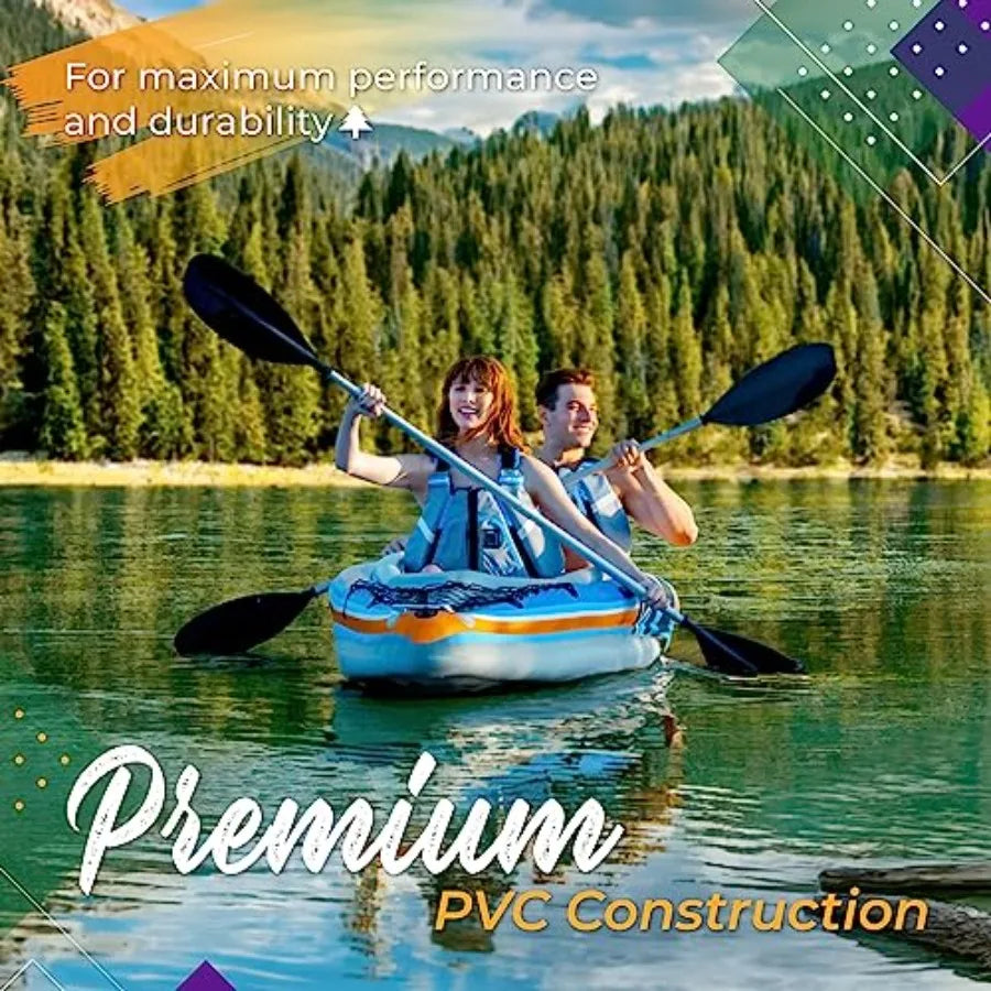 Inflatable Kayak 2 Person for Lakes Rivers, PVC Material, Gray/Blue, Includes Canopy, Aluminum Oars, Air Pump Carry Bag, 400 LB