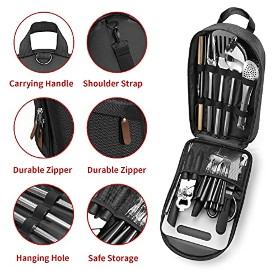 Portable Camping Kitchen Utensil Set-27 Pcs Cookware Kit, Stainl Steel Outdoor Cooking and Grilling Utensil Organizer Travel Se