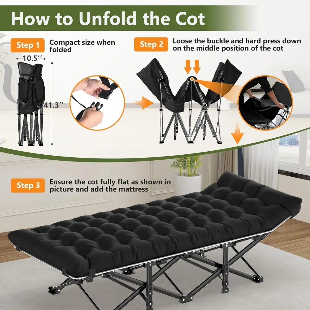 Slendor Camping Cot, Folding for Adults, Portable Sleeping Cot with Carry Bag, 1200D Oxford, Support 500lbs, Black