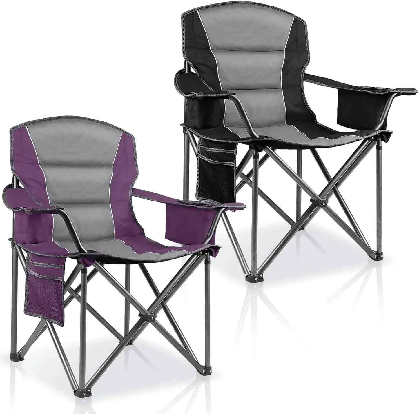 2 Pack Padded Oversized Camping Chairs for Adults,Heavy Duty Support 400 Lbs,Folding Portable Lawn Chair w/Cup Holder,Cooler Bag