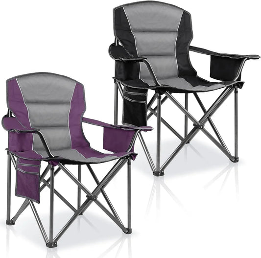2 Pack Padded Oversized Camping Chairs for Adults,Heavy Duty Support 400 Lbs,Folding Portable Lawn Chair w/Cup Holder,Cooler Bag