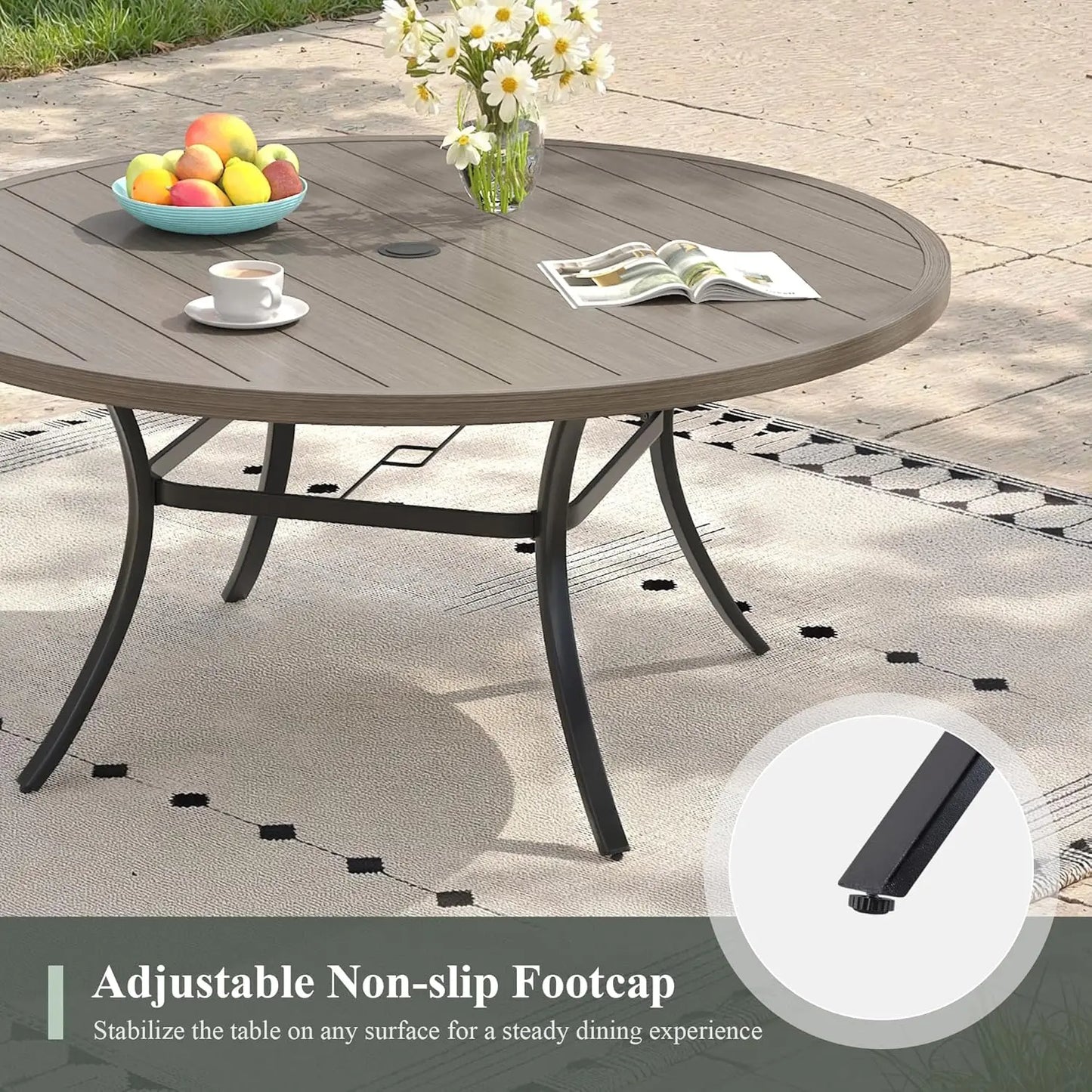 Outdoor Dining Set for 6, 50" Outdoor Dining Table with Umbrella Hole and Padded Textilene Patio Swivel Chairs, 7, Customized