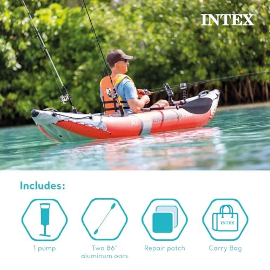 Excursion Pro K1 Inflatable Kayak Set for 1-Person: SuperTough PVC, Gray/Black, 220lb Capacity, Adjustable Bucket Seat Deluxe 8