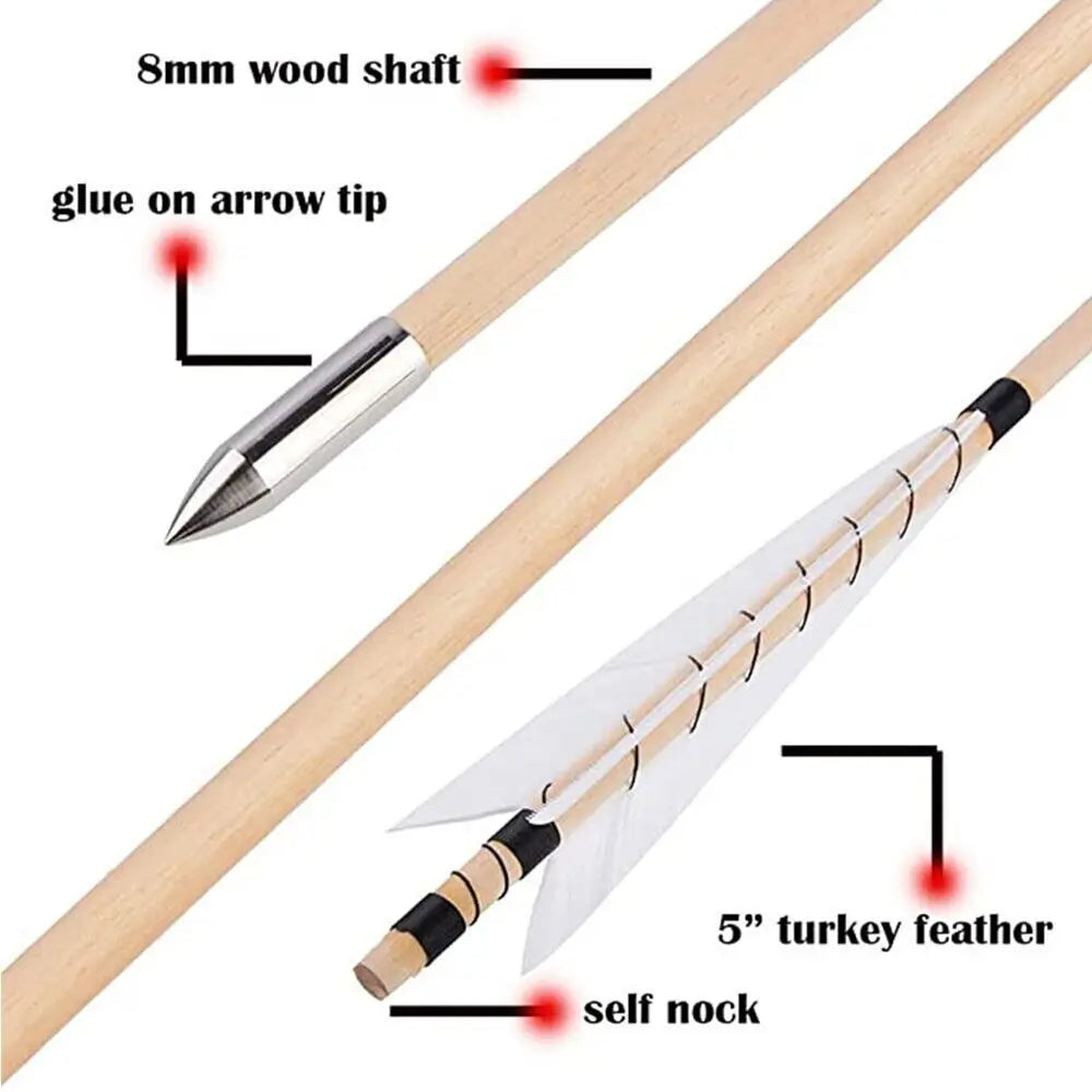 5" Turkey Feather Wooden Arrow 8mm Arrow Shaft 12pcs Archery Traditional Longbow Recurve Bow Hunting Shooting Target Acc